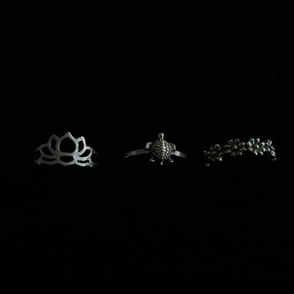 New x3 Silver Tone Rings Turtle Flowers Lotus Boho Trendy Fashion Set Size 5/6